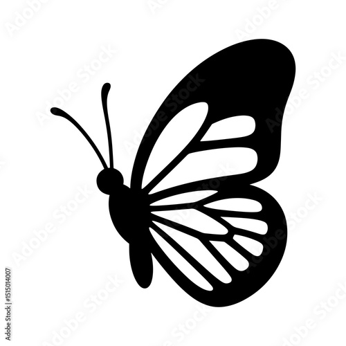 Elegant silhouette of a butterfly with detailed wing patterns on a plain white background view from side