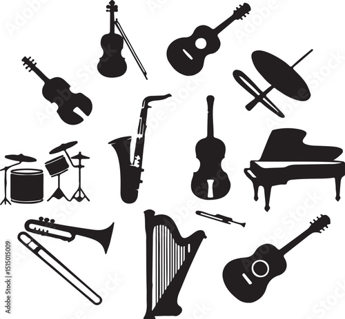 a set of musical silhouette flat icon collcetion . vector black silhouette of musical instrument.
