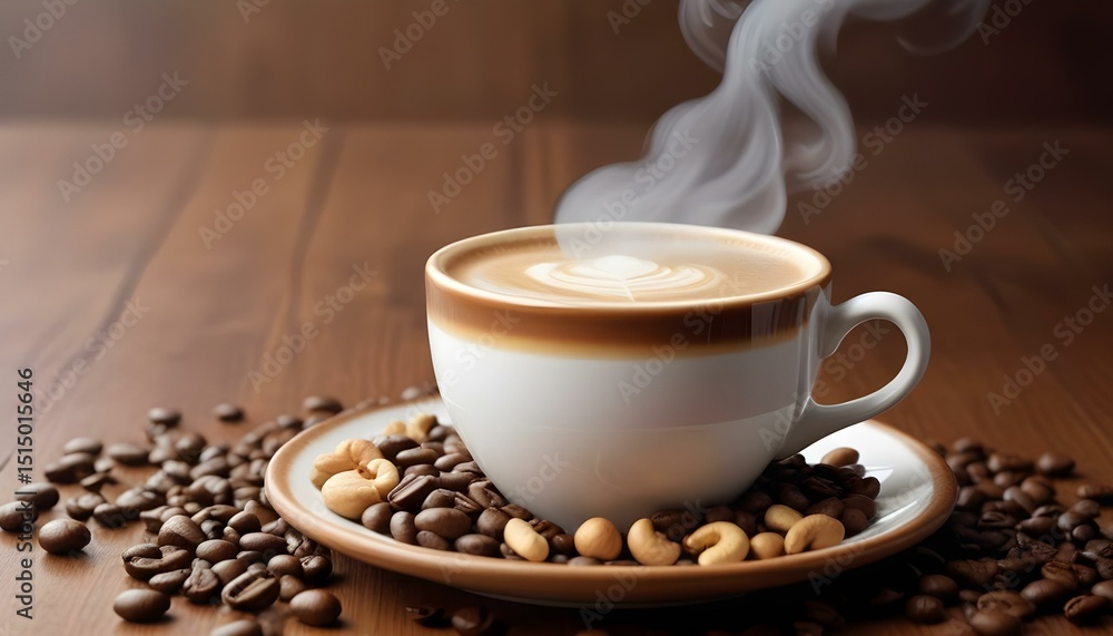 Fototapeta premium Cup of coffee with beans on saucer in morning light