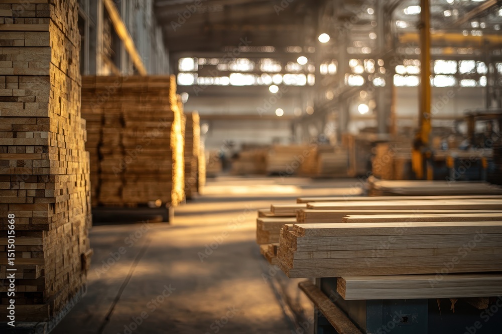 Wood boards are stacked in a warehouse, sunlight streams through the roof. This image is useful for illustrating woodworking, industry, and construction. Wood boards are stacked in a warehouse, sunlight streams through the roof. This image is useful for illustrating woodworking, industry, and construction.