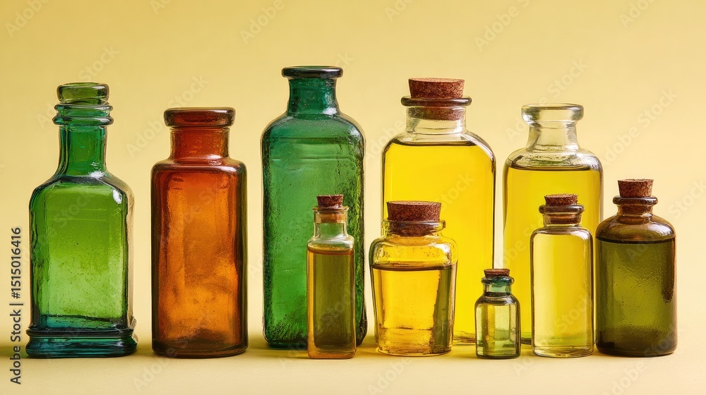 A variety of olive oil bottles and glass jars on the left side, with olives in small sizes next to them, against a light yellow background A variety of olive oil bottles and glass jars on the left side, with olives in small sizes next to them, against a light yellow background