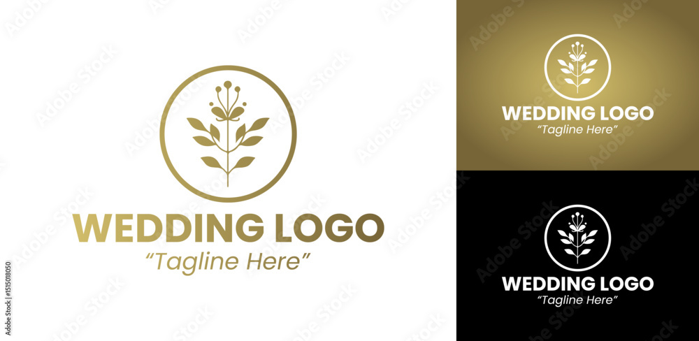 Fototapeta premium Minimalist Gold Wedding Logo Design with Elegant Floral Shape for Wedding Event