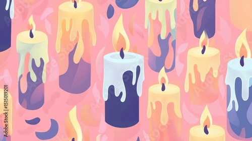 Pastel candles with dripping wax on pink background.