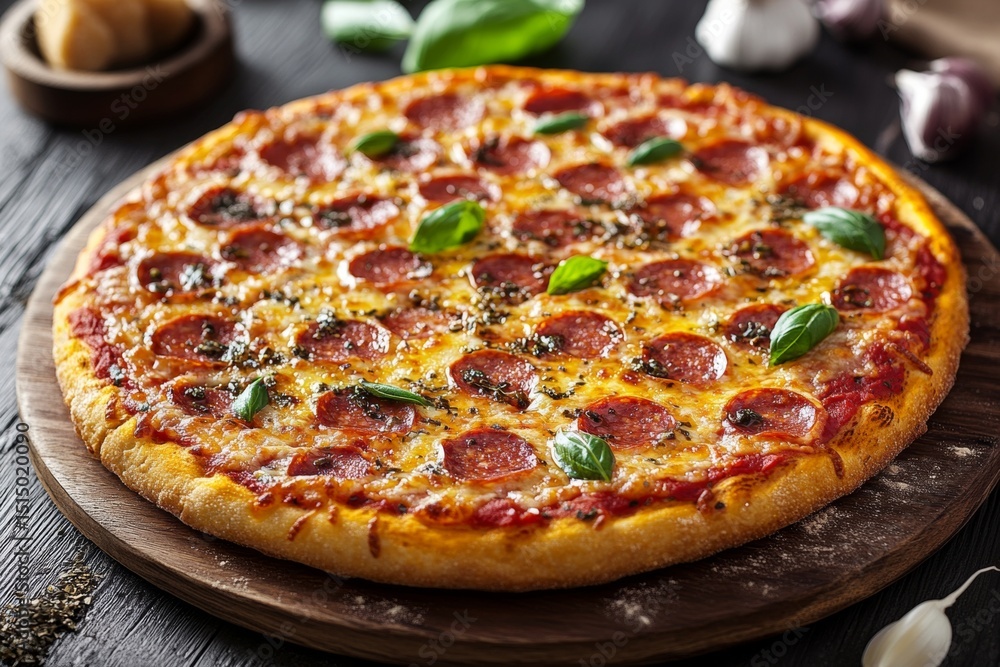 Freshly Baked Pepperoni Pizza with Basil, Served on a Wooden Board on a Dark Wooden Table Surface, Garlic, and Parmesan. Freshly Baked Pepperoni Pizza with Basil, Served on a Wooden Board on a Dark Wooden Table Surface, Garlic, and Parmesan.