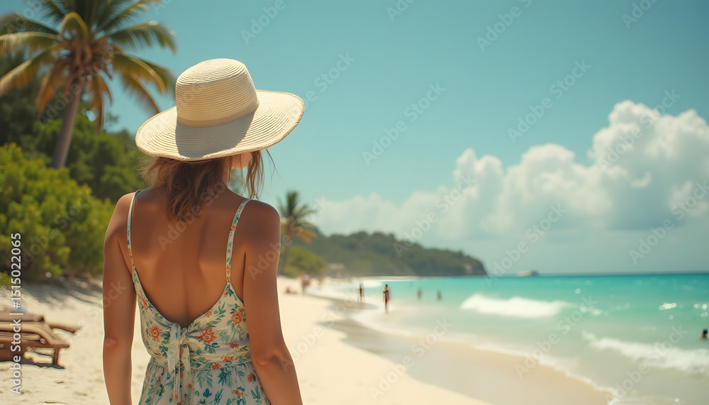 Fototapeta premium A woman in a sundress and straw hat enjoys the scenic beauty of a tropical beach on a sunny day.