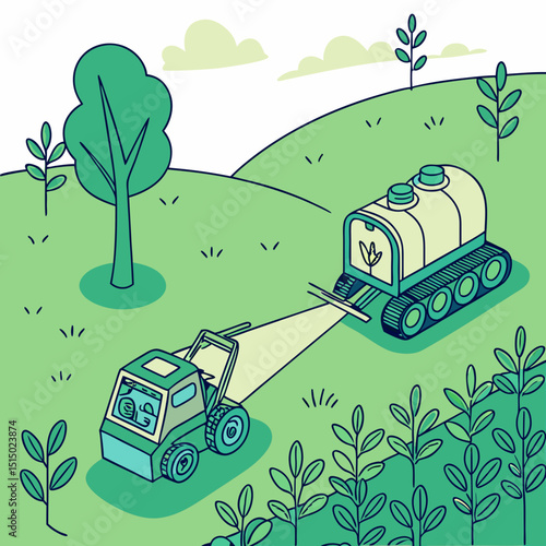 biomass harvester working in green agricultural landscape with eco-friendly concept and copy space