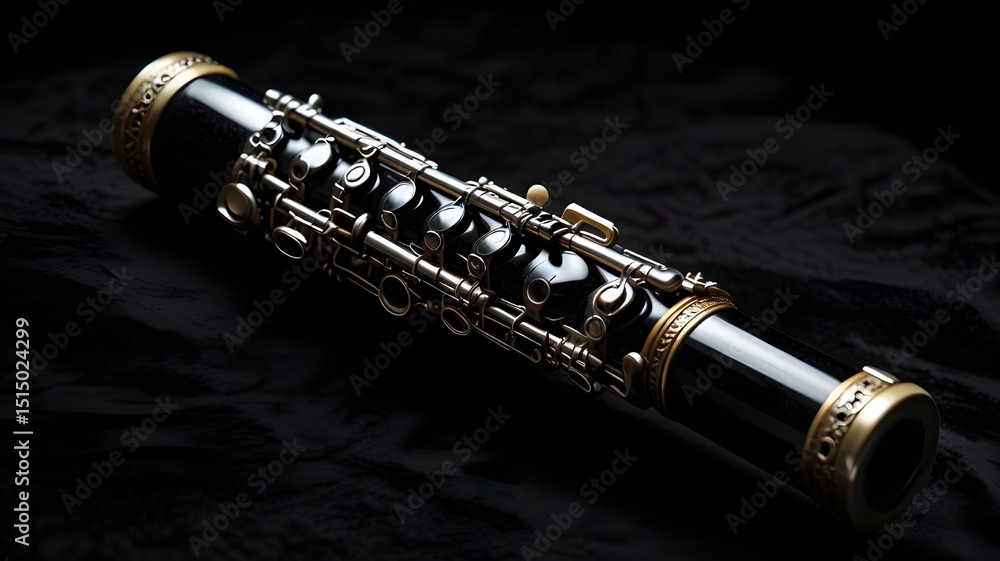 Naklejka premium Clarinet on black velvet background, dramatic contrast 