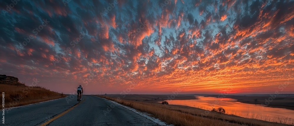 Fototapeta premium Cyclist on road at sunset over river