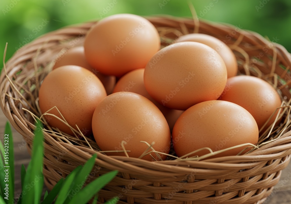 Wicker basket filled with fresh brown chicken eggs, with some eggs placed outside, showcasing organic farm produce. Wicker basket filled with fresh brown chicken eggs, with some eggs placed outside, showcasing organic farm produce.