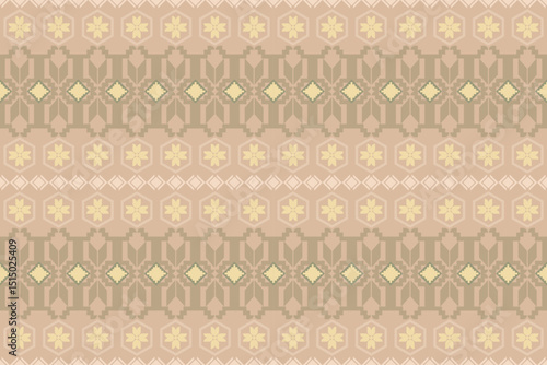 Geometric pattern fabric pattern with symmetry and mainly using beige and light brown tones. The elements are repeated geometric shapes, creating dimension and beauty. Wallpaper, curtains, cushions