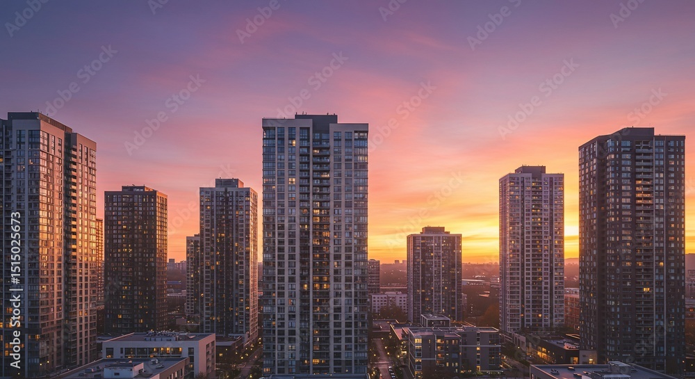 Fototapeta premium Sunset Glow Illuminates Modern Cityscape with High-Rise Buildings and Warm Tones