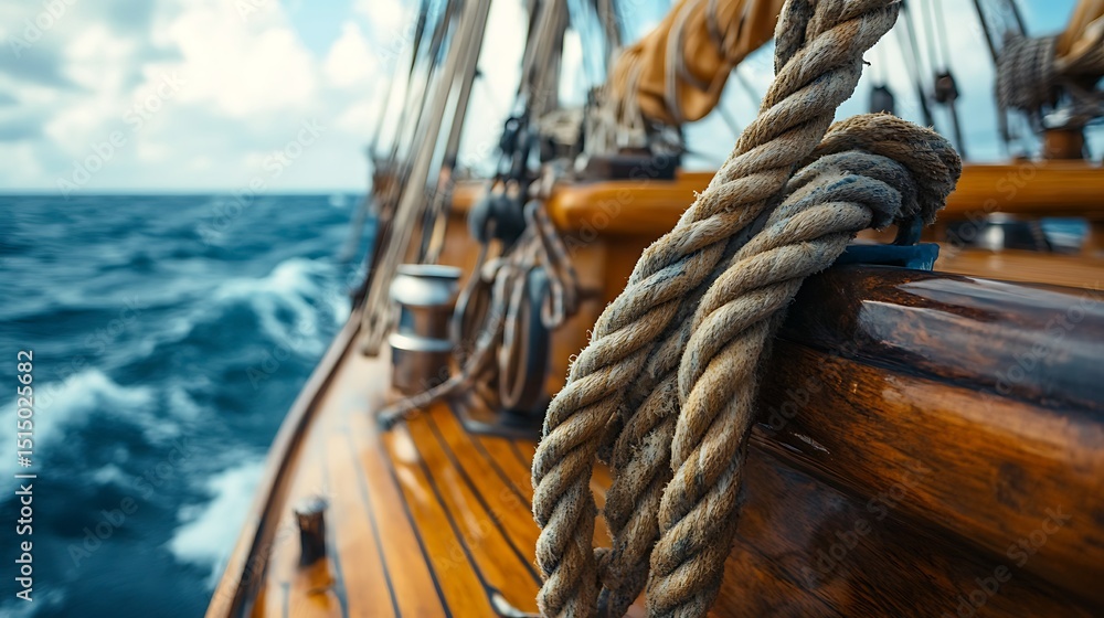 Obraz premium Rustic Rope Detail on Polished Wooden Boat at Sea Maritime Voyage Scenery