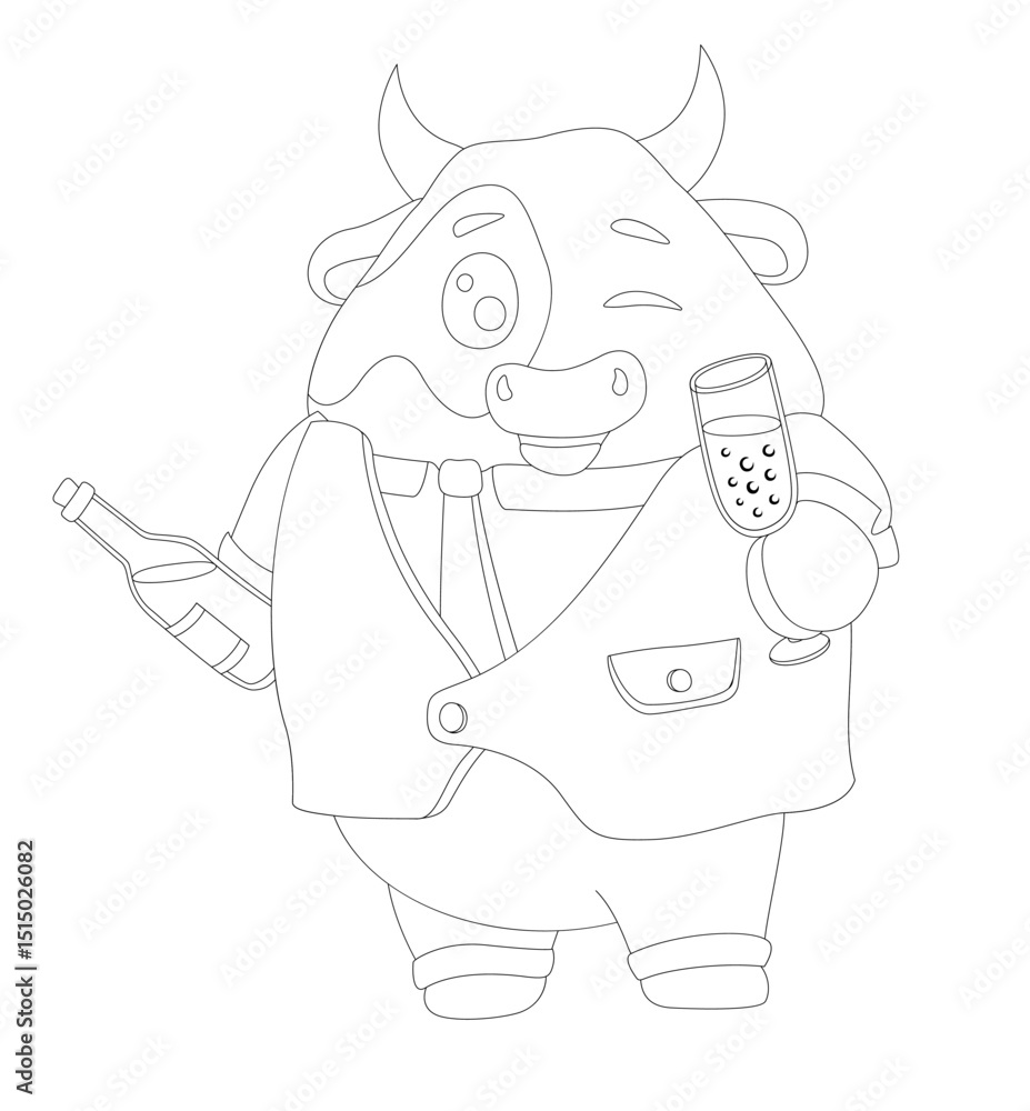 Line art with dressed cow and drink Line art with dressed cow and drink
