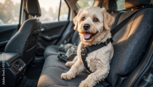 Dog sitting happily in car with harness on back seat
