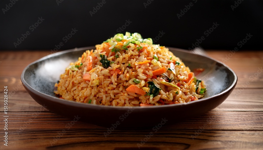 savory essence of kimchi fried rice on a wooden table the dish from a side view focusing on the medley of colorful vegetables aromatic rice and the tantalizing blend of flavors savory essence of kimchi fried rice on a wooden table the dish from a side view focusing on the medley of colorful vegetables aromatic rice and the tantalizing blend of flavors