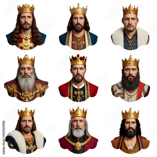 Royal Kings and Emperors Portrait Collection: A Diverse Set of Historical and Fantasy Monarchs with Crowns and Varying Facial Hair Vector Illustrations