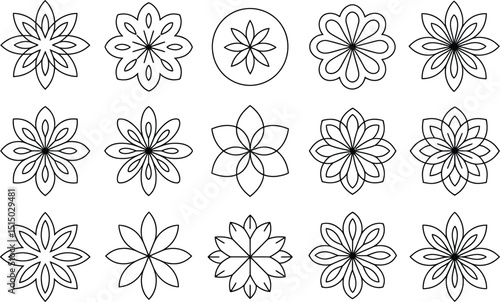 Collection of ornamental floral designs in black outline for decoration and stencils