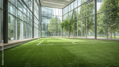Modern office with indoor artificial grass soccer field.  Spacious  glass-walled atrium with lush greenery