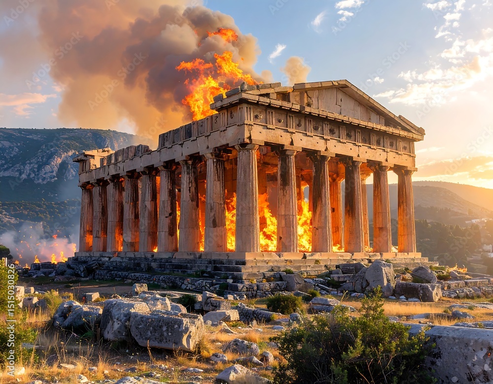 Naklejka premium Ancient temple engulfed in flames at sunset