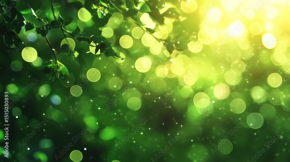 Fototapeta premium Green leaves and sunlight create a dreamy bokeh filled abstract. Ideal for nature, spring, or an ethereal, magical background.