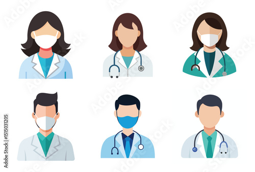 "Faceless Doctor Avatars Bundle , Male and Female Medical Character Illustrations on White Background