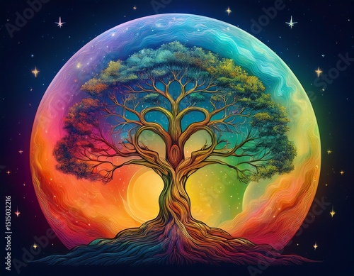 tree of life in the shape of the moon displayed as a rainbow in the night ai art