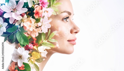 Art beauty fashion woman concept. Woman with floral elements blending into her profile illustration.