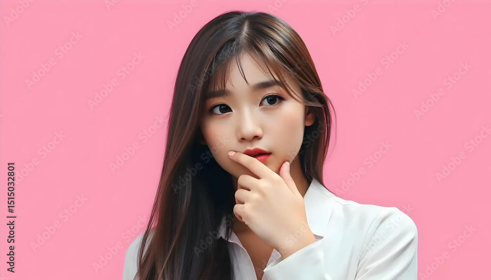 Portrait Of Young Asian Woman In White Shirt Touching Lips Against Pink Background Portrait Of Young Asian Woman In White Shirt Touching Lips Against Pink Background