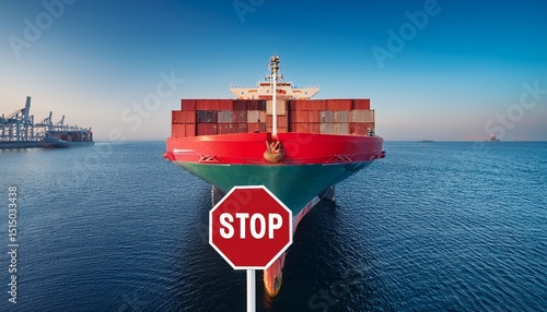 stop sign in front of cargo container ship at sea logistics restrictions and prohibitions concept