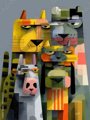 Abstract art design featuring colorful dog and cat animals in a unique picture modern environment concept