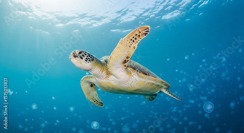 Sea Turtle Swimming Underwater with Bubbles