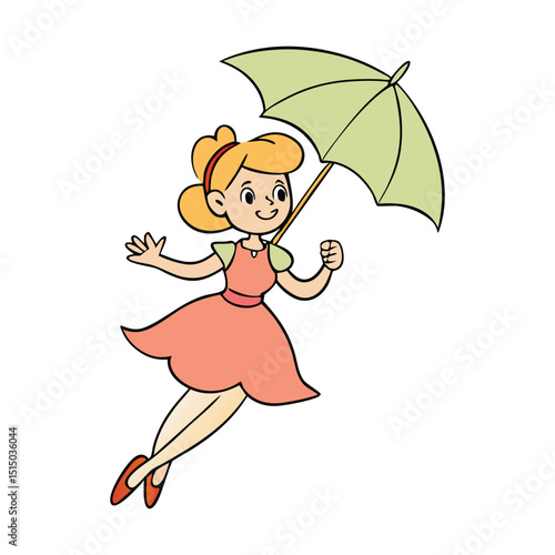 A whimsical fairy girl soars through the sky, gracefully flying with a colorful umbrella, her delicate wings shimmering as she dances among fluffy clouds.
