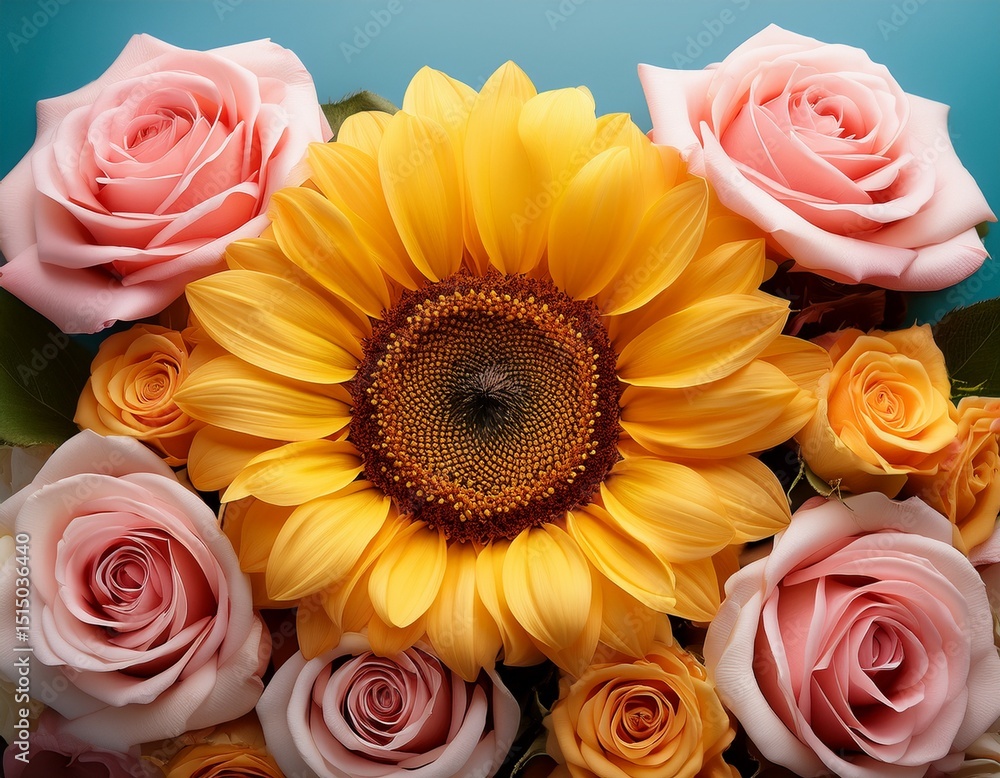 Fototapeta premium pastel hues of roses surround a radiant sunflower spring bloom vibrant
