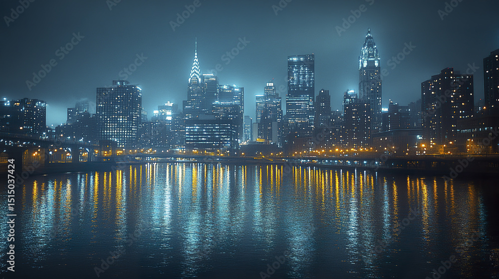 Obraz premium glowing city skyline at night with reflections on water creates serene atmosphere