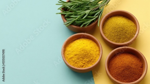 Fototapeta Naklejka Na Ścianę i Meble -  colorful aromatic spices and herbs in elegant bowls on minimalistic vibrant neon background with generous copy space