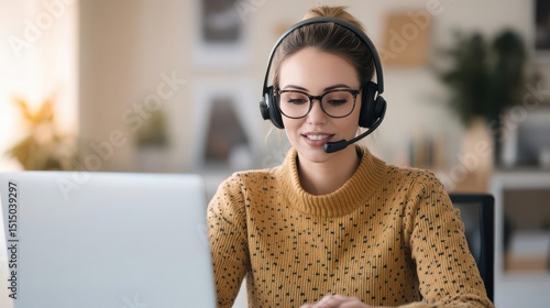 Cheerful call center woman providing remote assistance at home workspace