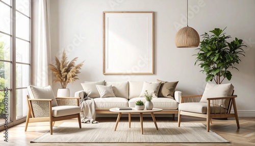 Wall art mockup interior concept. Minimalist living room with natural light and stylish furniture.