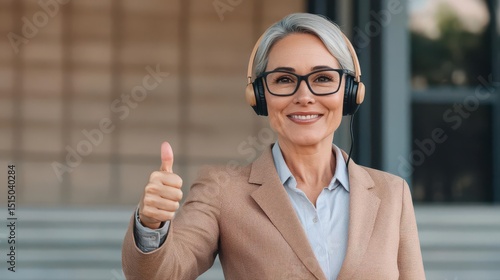 Middle-aged woman in business clothes with headset giving thumbs up