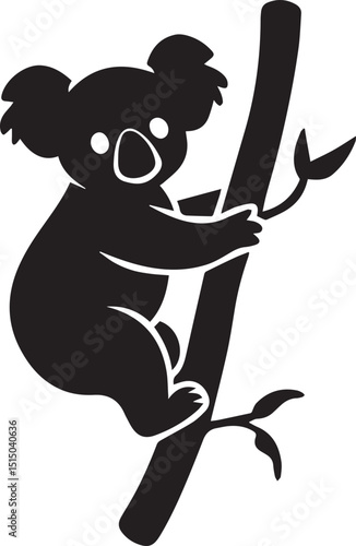 Koala Silhouette Hugging Tree Branch with Round Ears and Short Limbs Flat Vector