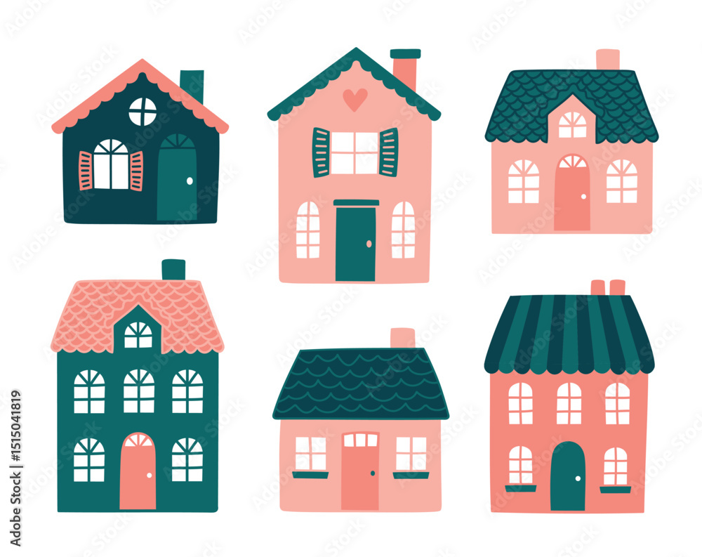 Fototapeta premium Set of cute houses in European style in pink and green. Hand drawn vector illustration.