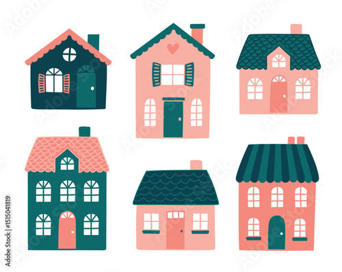 Set of cute houses in European style in pink and green. Hand drawn vector illustration.