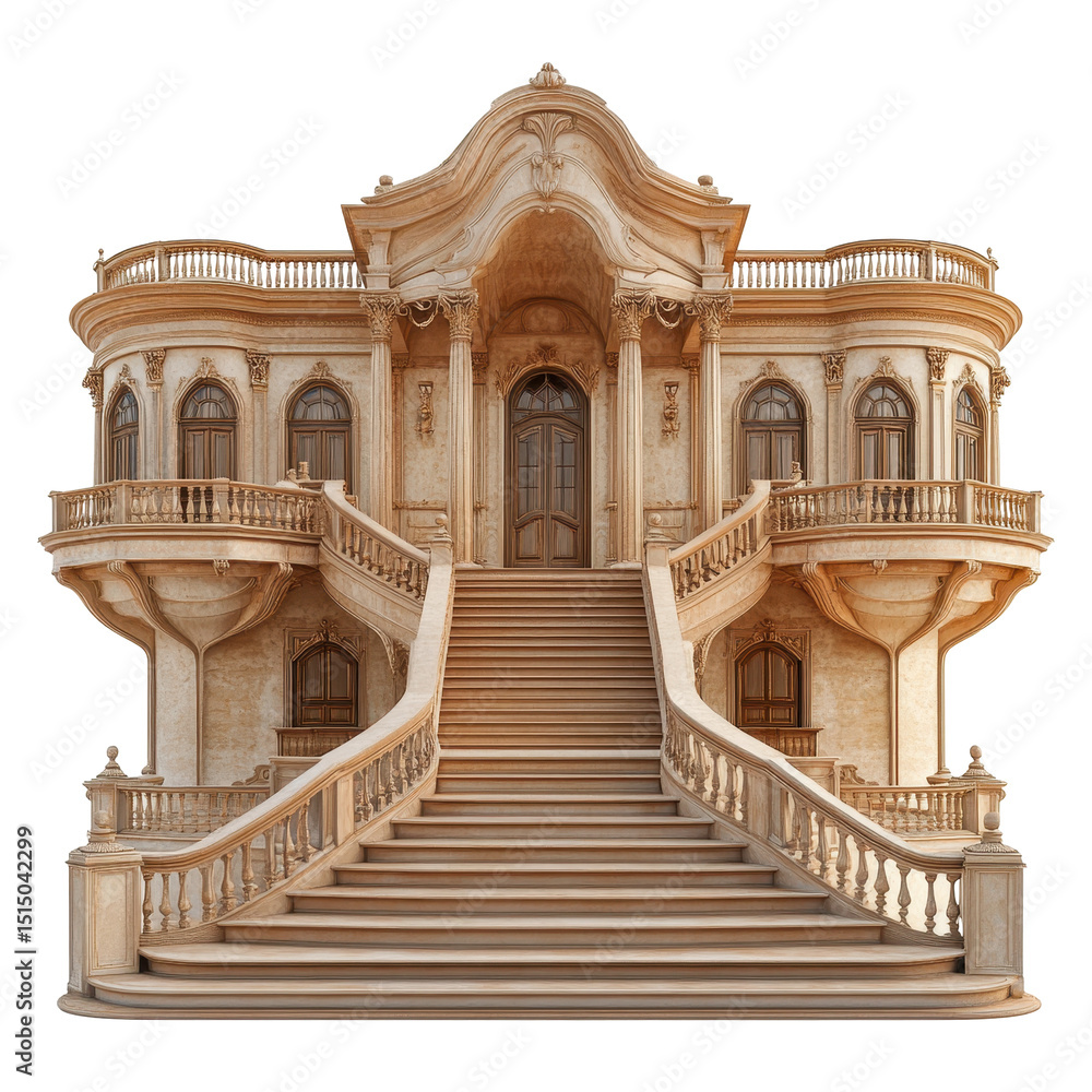 Obraz premium Elegant historical mansion with grand staircase and ornate architecture viewed from the front
