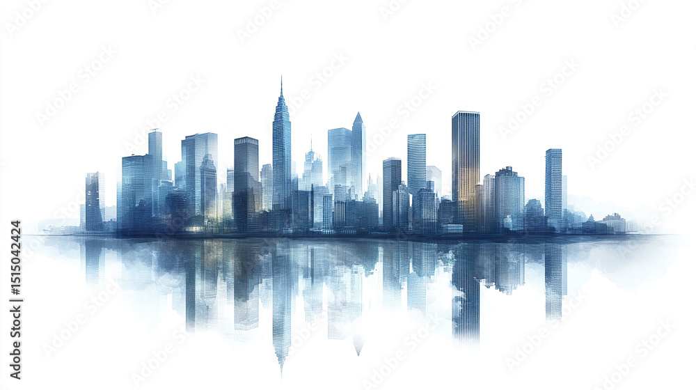 Obraz premium modern city skyline with reflective surface, showcasing tall buildings and serene atmosphere