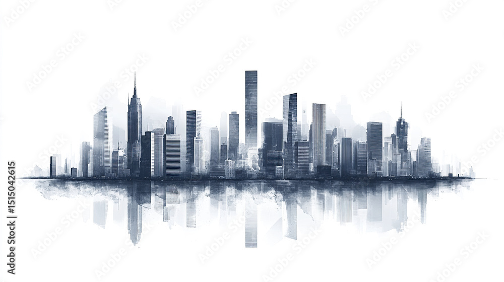 modern city skyline with reflective surface, showcasing tall buildings and minimalist design modern city skyline with reflective surface, showcasing tall buildings and minimalist design