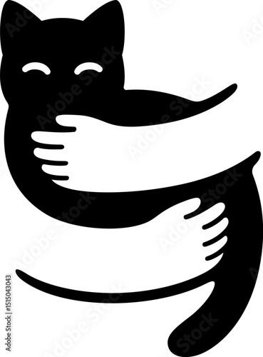 Illustration of holding cat in hugging arms, simple and stylish silhouette logo. Pet care, cat love. Black and white negative space design.