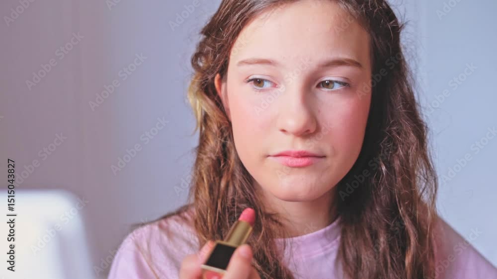 Young woman applies lip color in bright room with modern decor during daytime routine Young woman applies lip color in bright room with modern decor during daytime routine