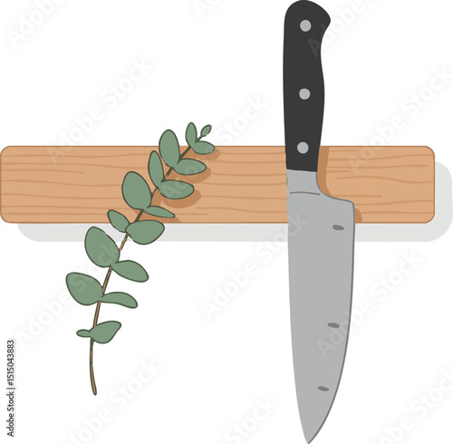 Knife magnetically attached to wood Branch with leaves attached next to the knife