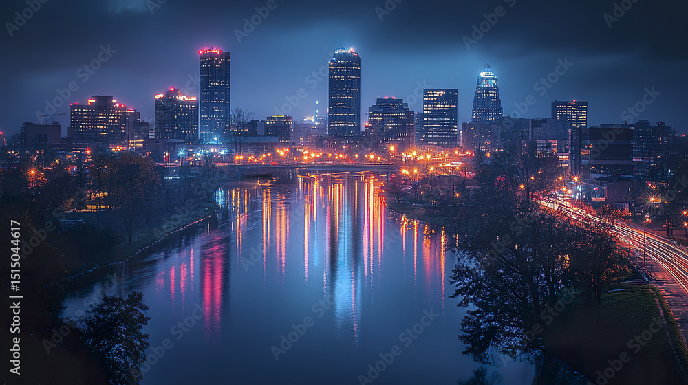 Fototapeta premium Stunning panoramic view of city skyline at night, reflecting lights on water
