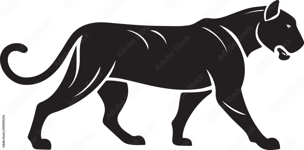Fototapeta premium Tiger Silhouette Walking Pose with Curved Tail and Muscular Body Flat Black Vector