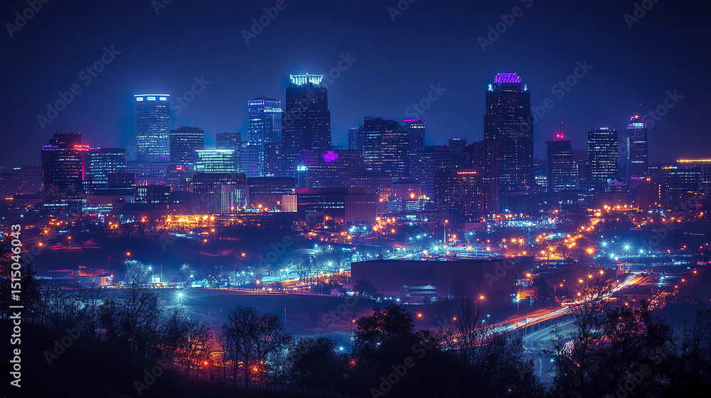 Obraz premium vibrant city skyline at night, illuminated by colorful lights and reflections